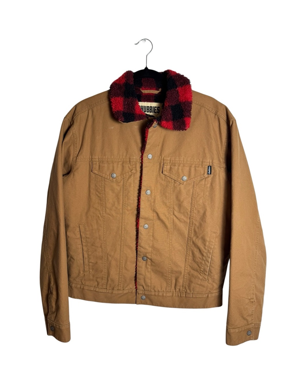Chubbies The Harvester Tan Canvas Trucker Jacket Sherpa Lined Buffalo Plaid Red